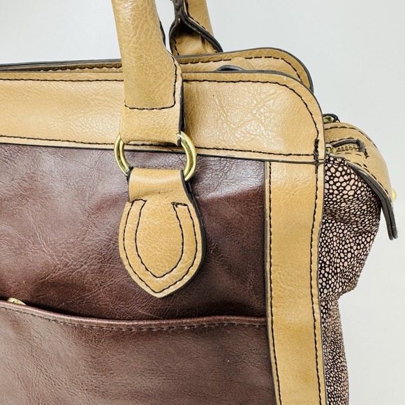 London Fog Two tone Faux Leather Satchel Brown Beige‎ Shoulder Bag - Picture 6 of 16